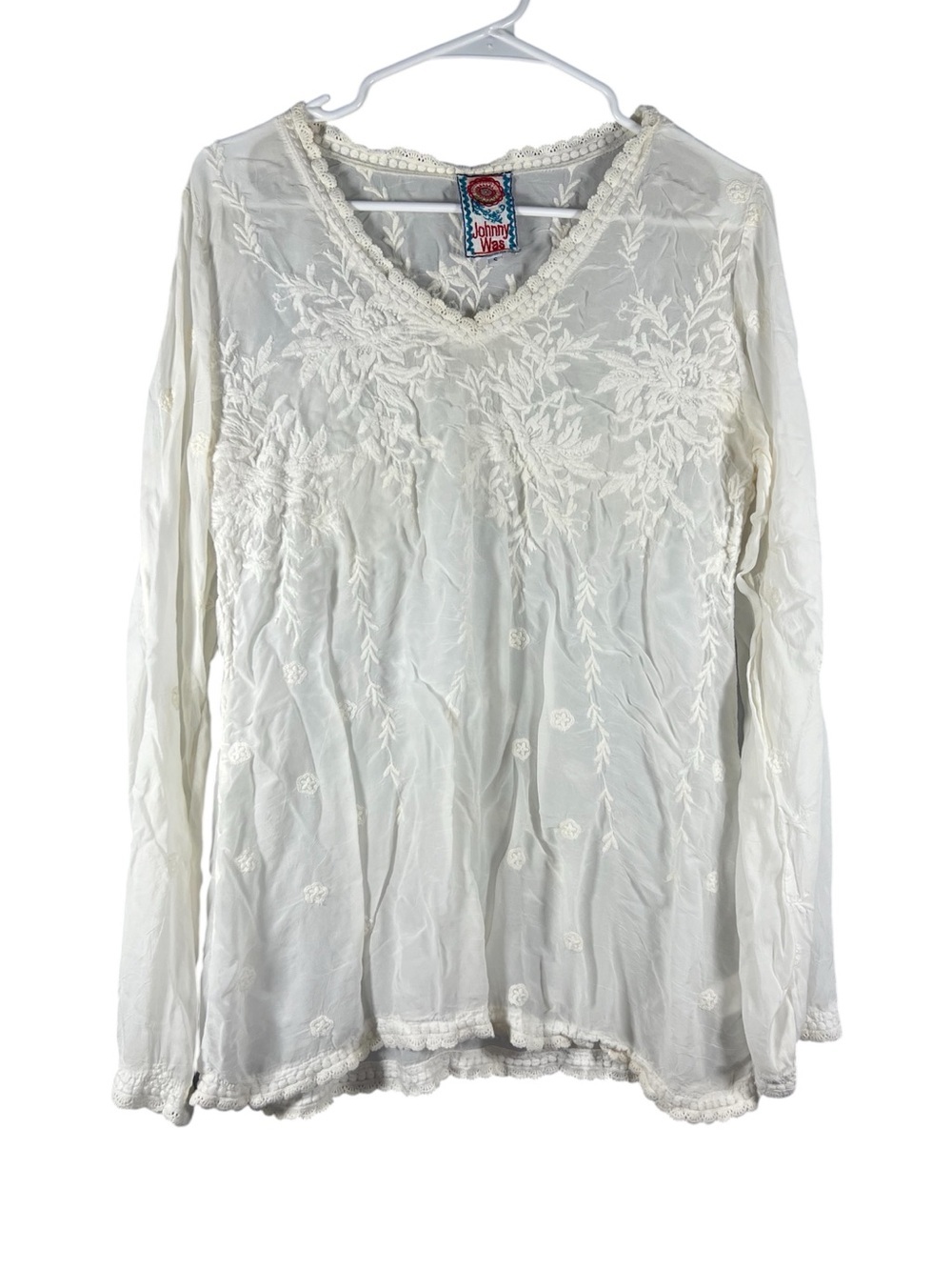 Johnny Was White Long Sleeve Embroidered Floral Tunic Small